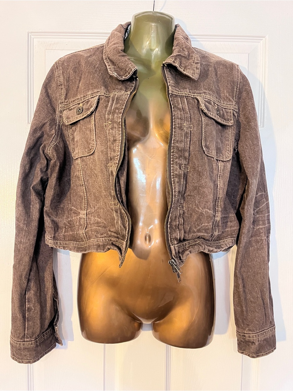 VTG Paris Blues Cropped Denim Jacket Brown Washed Y2K Zip Up Jean Coat